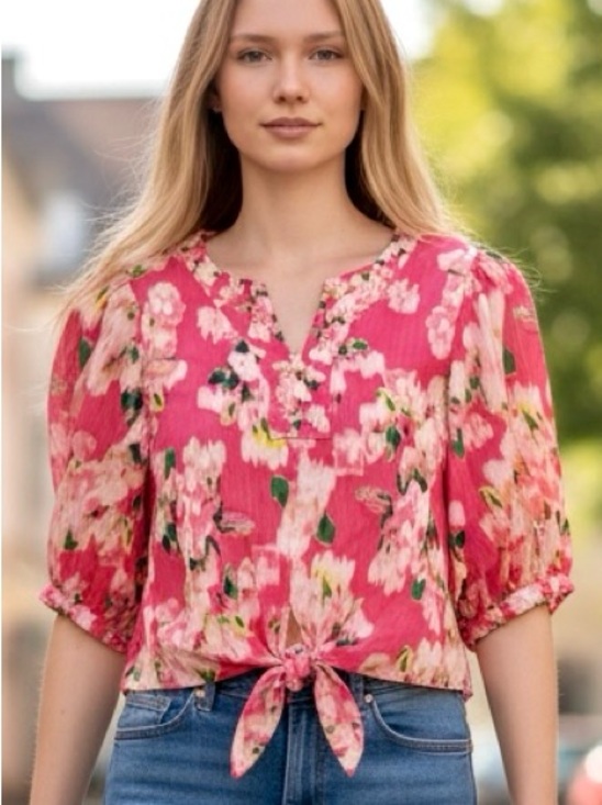 Rose & Olive Tops - Rose & Olive Floral Puff Sleeve Tie Front Blouse XL - Like New